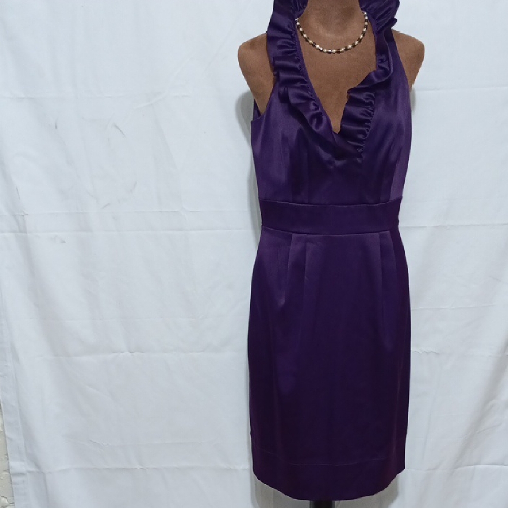 Taylor Purple Elegant Evening Midi Dress | Ruffled Neckline | Size 6